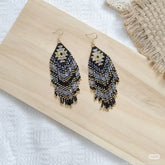 Black & Gold Beaded Fringe Earrings – Handmade Boho Statement Jewelry