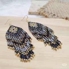 Black & Gold Beaded Fringe Earrings – Handmade Boho Statement Jewelry