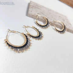 Handmade Beaded Hoop Earrings – Gold & Crystal Fringe Huggie Earrings