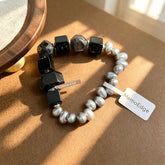 Grey Pearl & Black Gemstone Bracelet, Tourmalinated Quartz Beaded Bracelet, Natural Stone Statement Jewelry, Modern Gift for Her