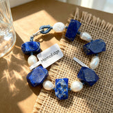 Blue Gemstone Pearl Bracelet, Lapis Tone Beaded Bracelet, Freshwater Pearl Natural Stone Jewelry, Modern Gift for Her