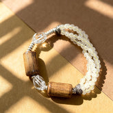 Triple Strand Earthy Wood Bracelet-Faceted Clear Geometric Beads-Zen Mindfulness Jewelry-Layered Cream Beaded Stretch Cuff Gift