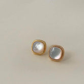 Mother of Pearl Stud Earrings-Geometric Shell Design with Gold Trim-Minimalist Everyday Jewelry