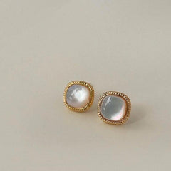 Mother of Pearl Stud Earrings-Geometric Shell Design with Gold Trim-Minimalist Everyday Jewelry