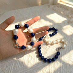 Natural Lapis Lazuli Baroque Pearl Necklace Bracelet Set- Genuine Blue Gemstone Choker-Mothers Day Gifts