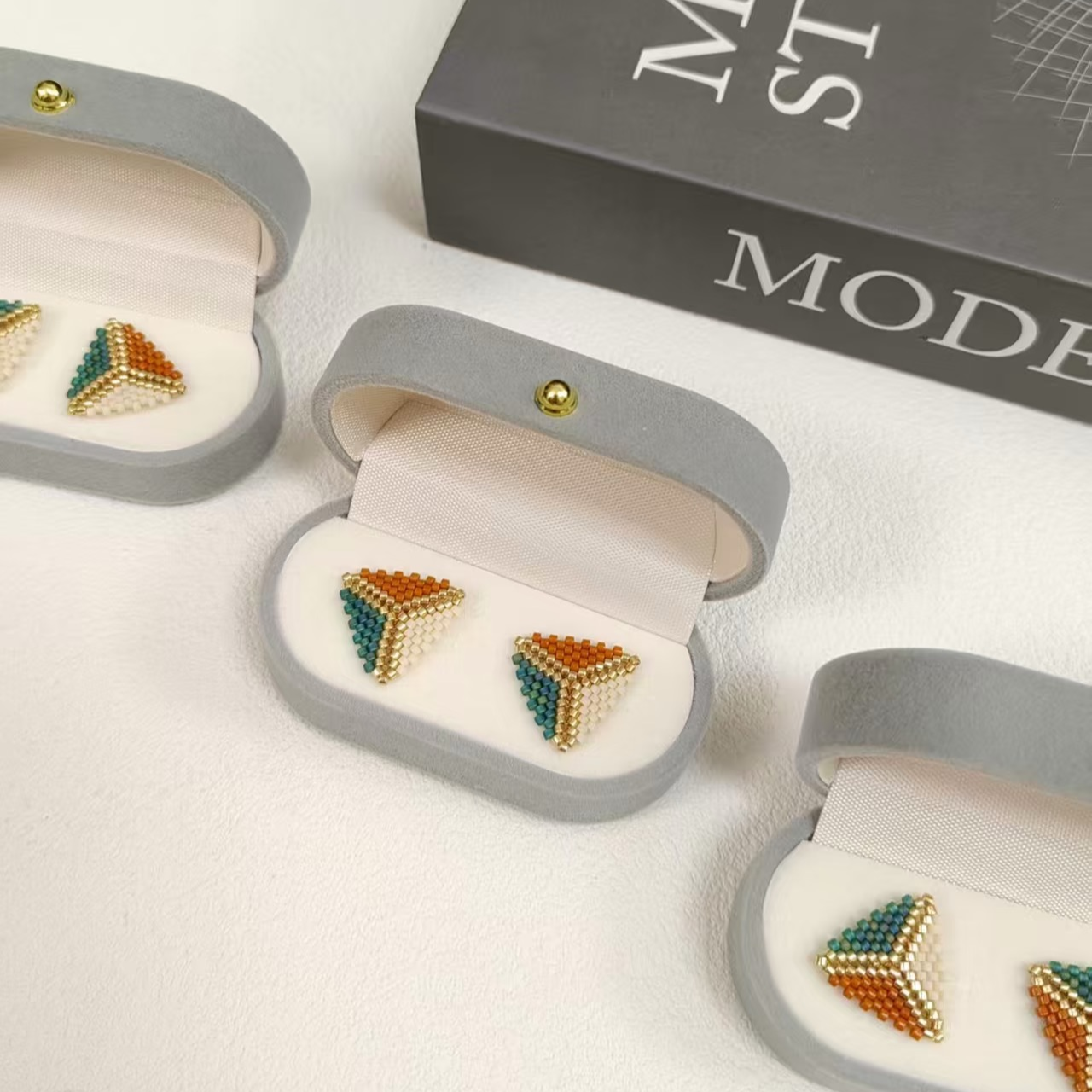 Mini Geometric Beaded Stud Earrings – Handmade Triangle Minimal Earrings