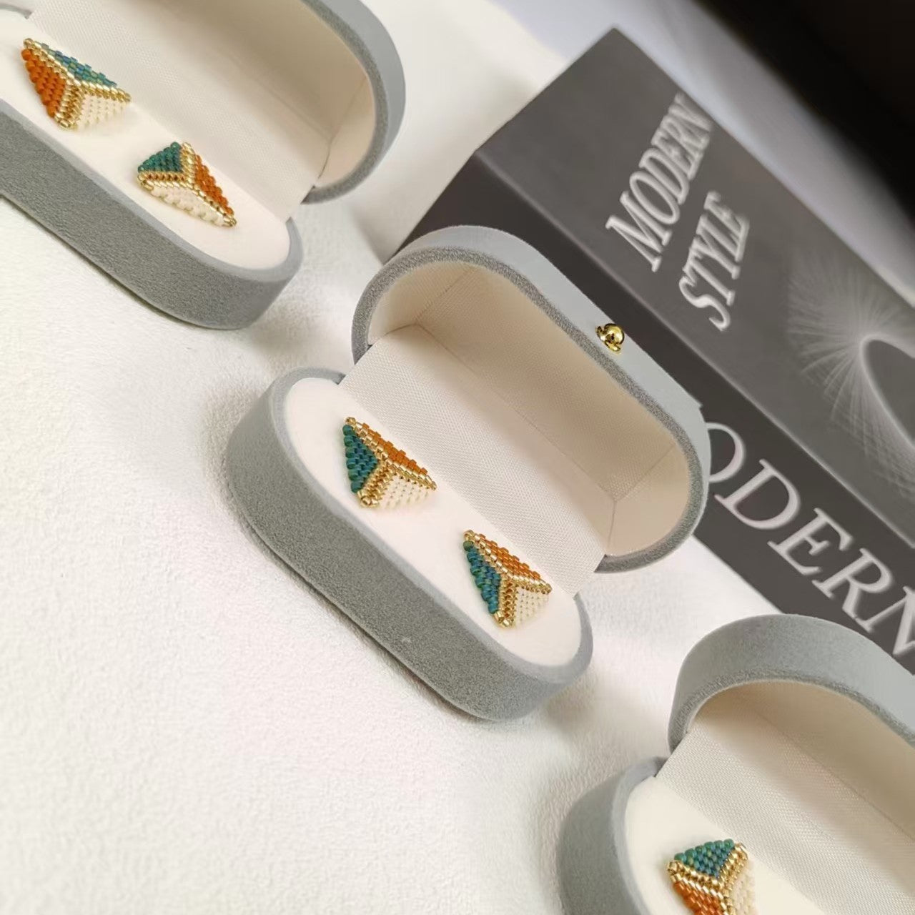 Mini Geometric Beaded Stud Earrings – Handmade Triangle Minimal Earrings
