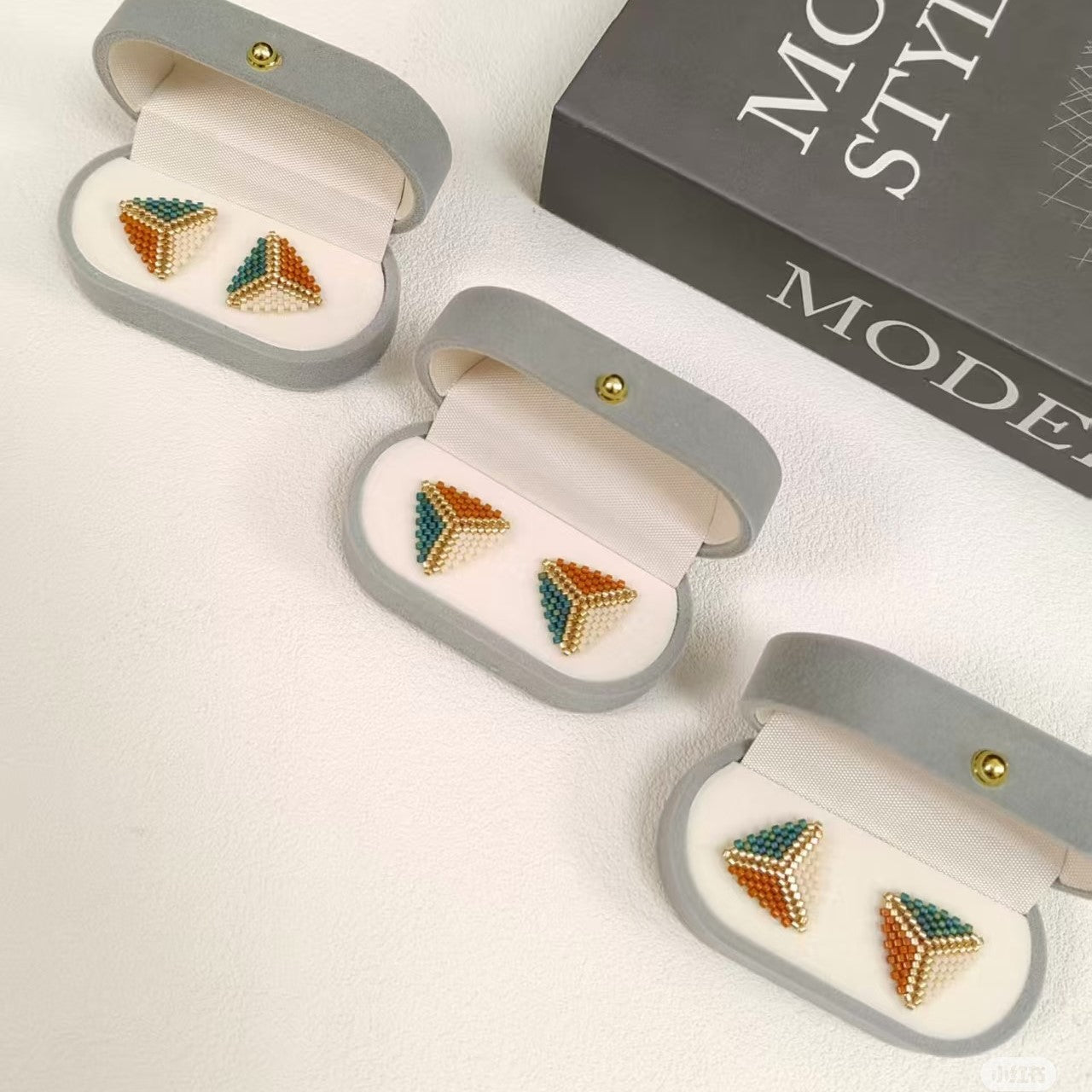 Mini Geometric Beaded Stud Earrings – Handmade Triangle Minimal Earrings