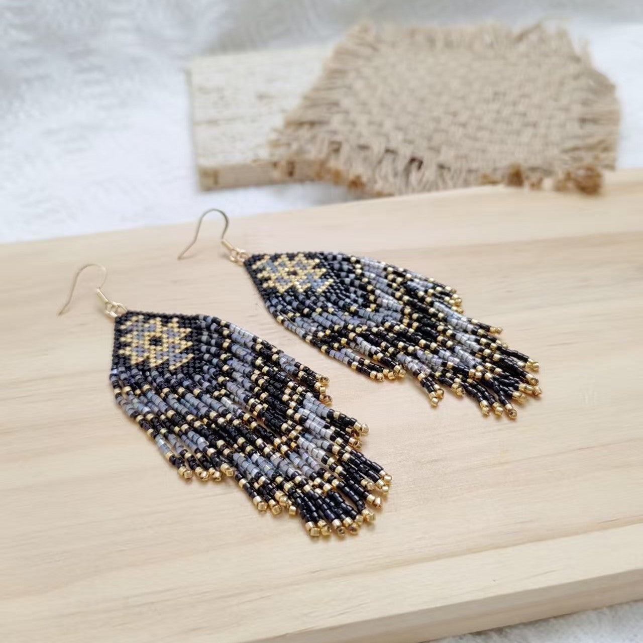Black & Gold Beaded Fringe Earrings – Handmade Boho Statement Jewelry