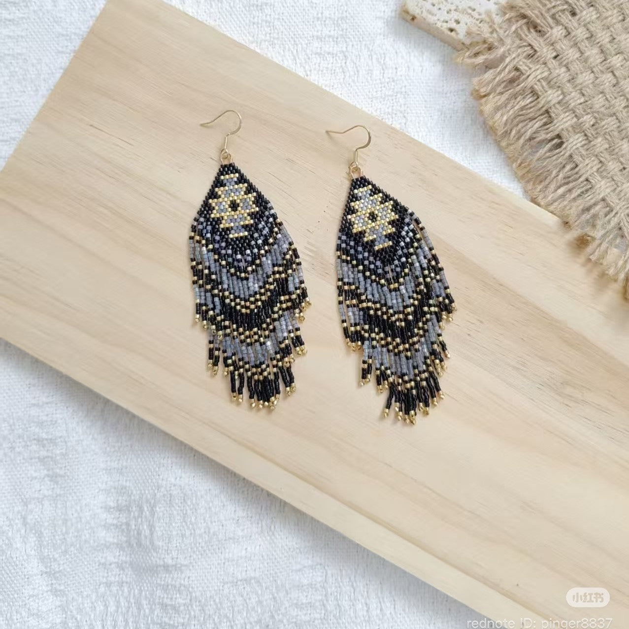 Black & Gold Beaded Fringe Earrings – Handmade Boho Statement Jewelry