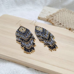 Black & Gold Beaded Fringe Earrings – Handmade Boho Statement Jewelry
