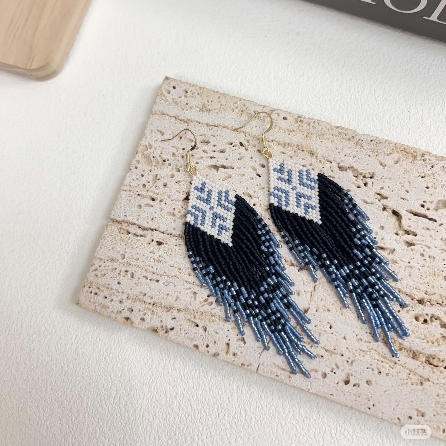 Handmade Beaded Fringe Earrings – Blue Geometric Boho Tassel Earrings