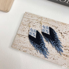 Handmade Beaded Fringe Earrings – Blue Geometric Boho Tassel Earrings