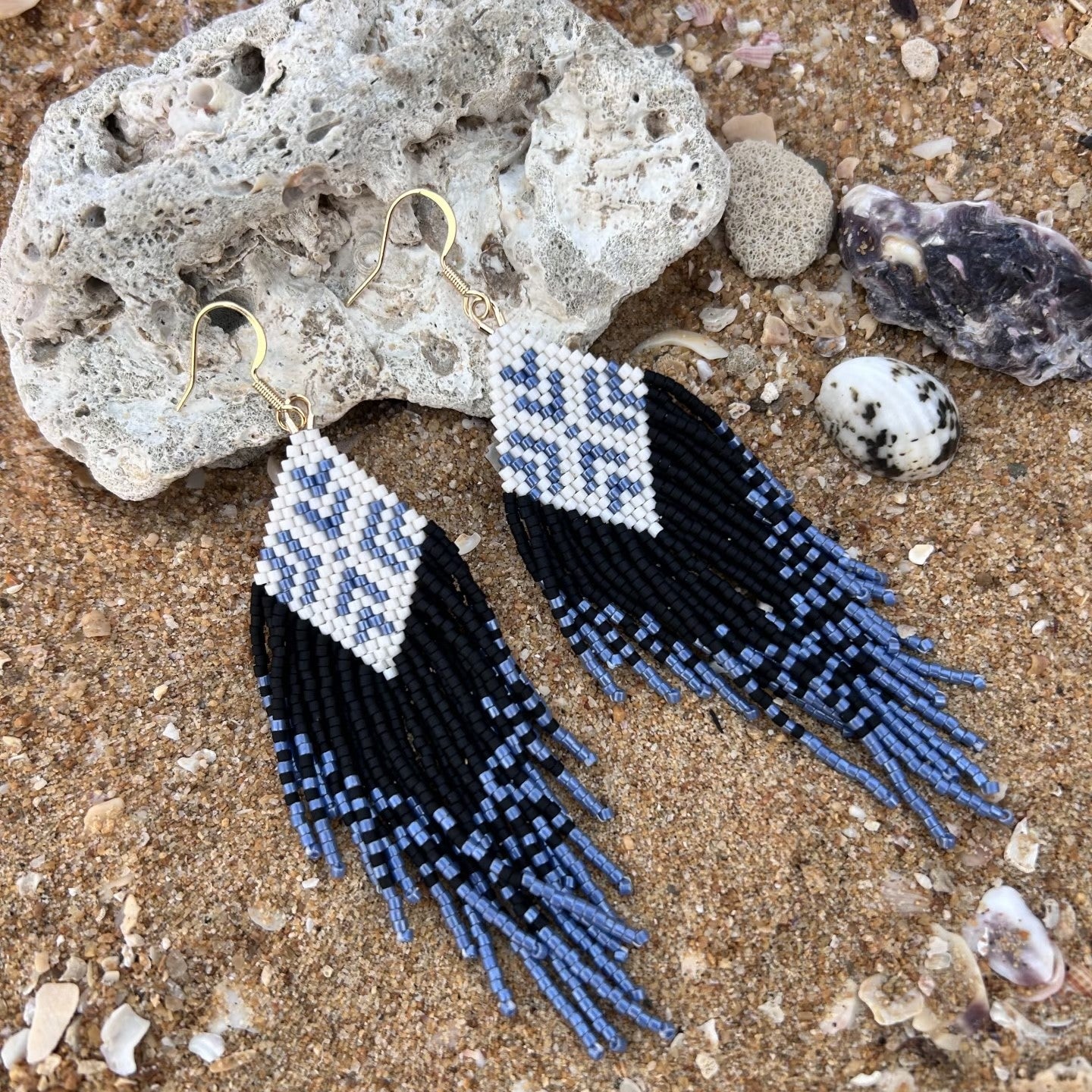 Handmade Beaded Fringe Earrings – Blue Geometric Boho Tassel Earrings