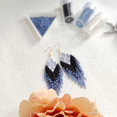 Handmade Beaded Fringe Earrings – Blue Geometric Boho Tassel Earrings