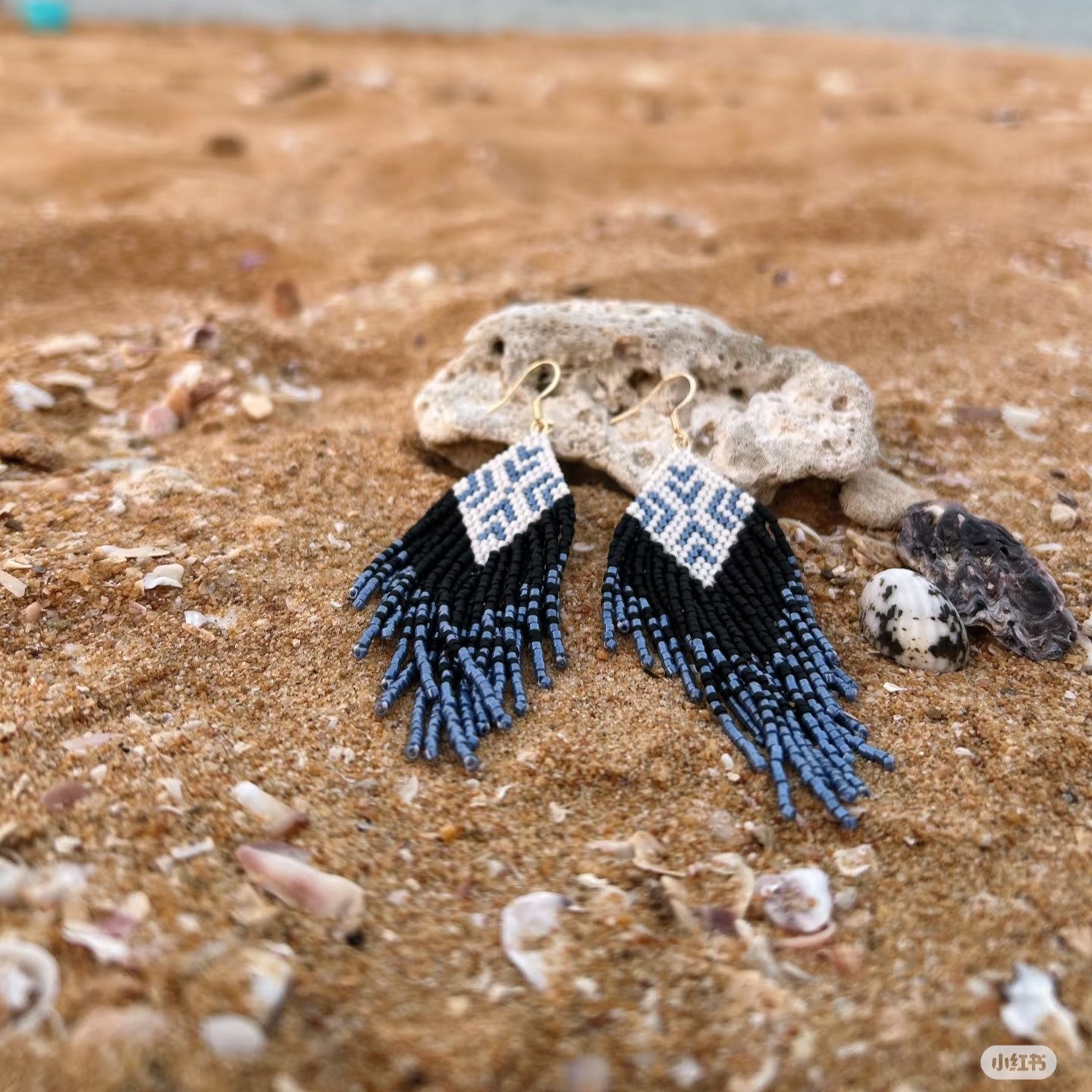 Handmade Beaded Fringe Earrings – Blue Geometric Boho Tassel Earrings