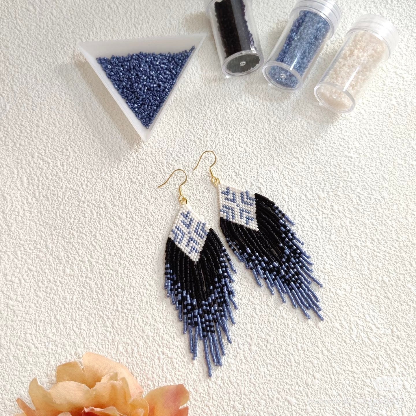 Handmade Beaded Fringe Earrings – Blue Geometric Boho Tassel Earrings