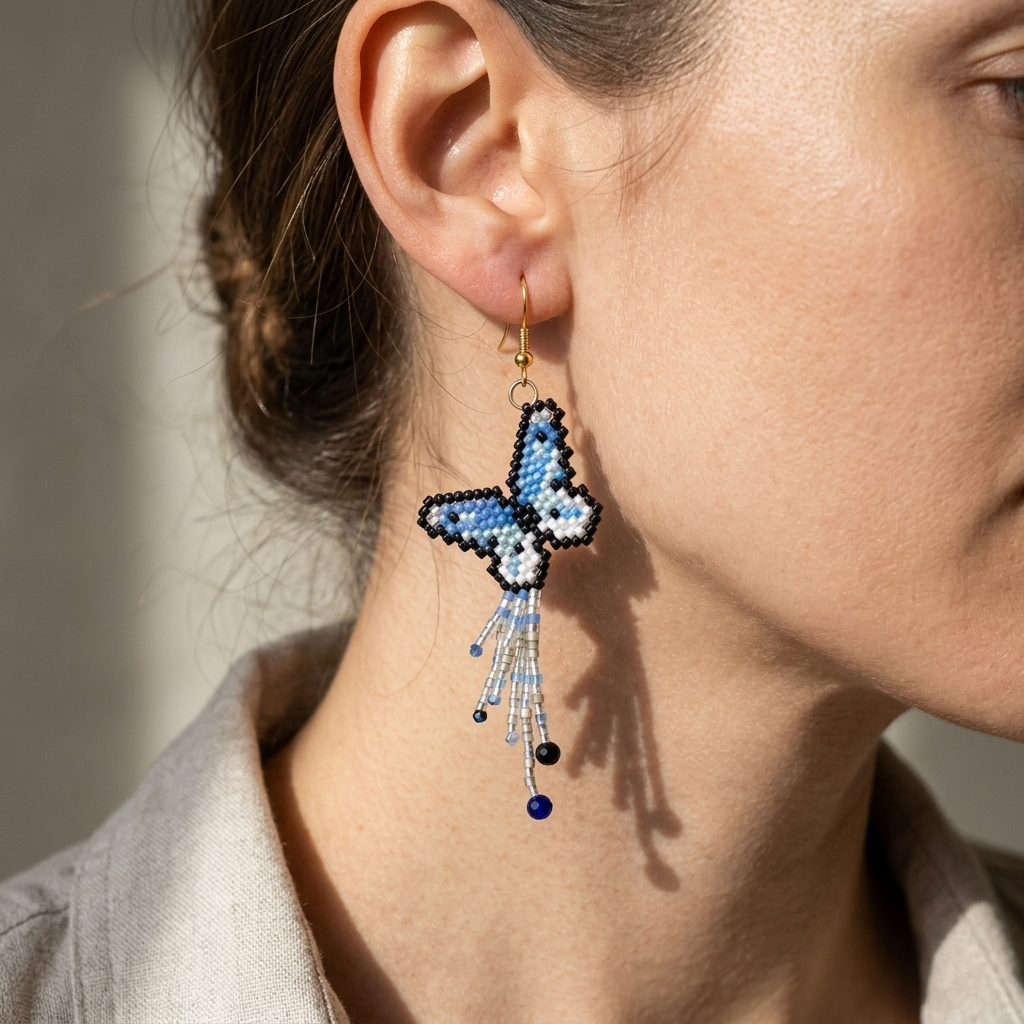 Handmade Glass Bead Butterfly Earrings – Blue Beaded Fringe Dangle Earrings