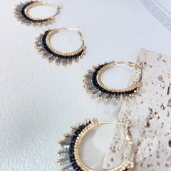 Handmade Beaded Hoop Earrings – Gold & Crystal Fringe Huggie Earrings