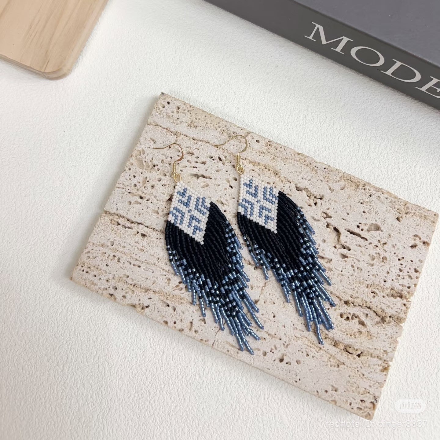 Handmade Beaded Fringe Earrings – Blue Geometric Boho Tassel Earrings