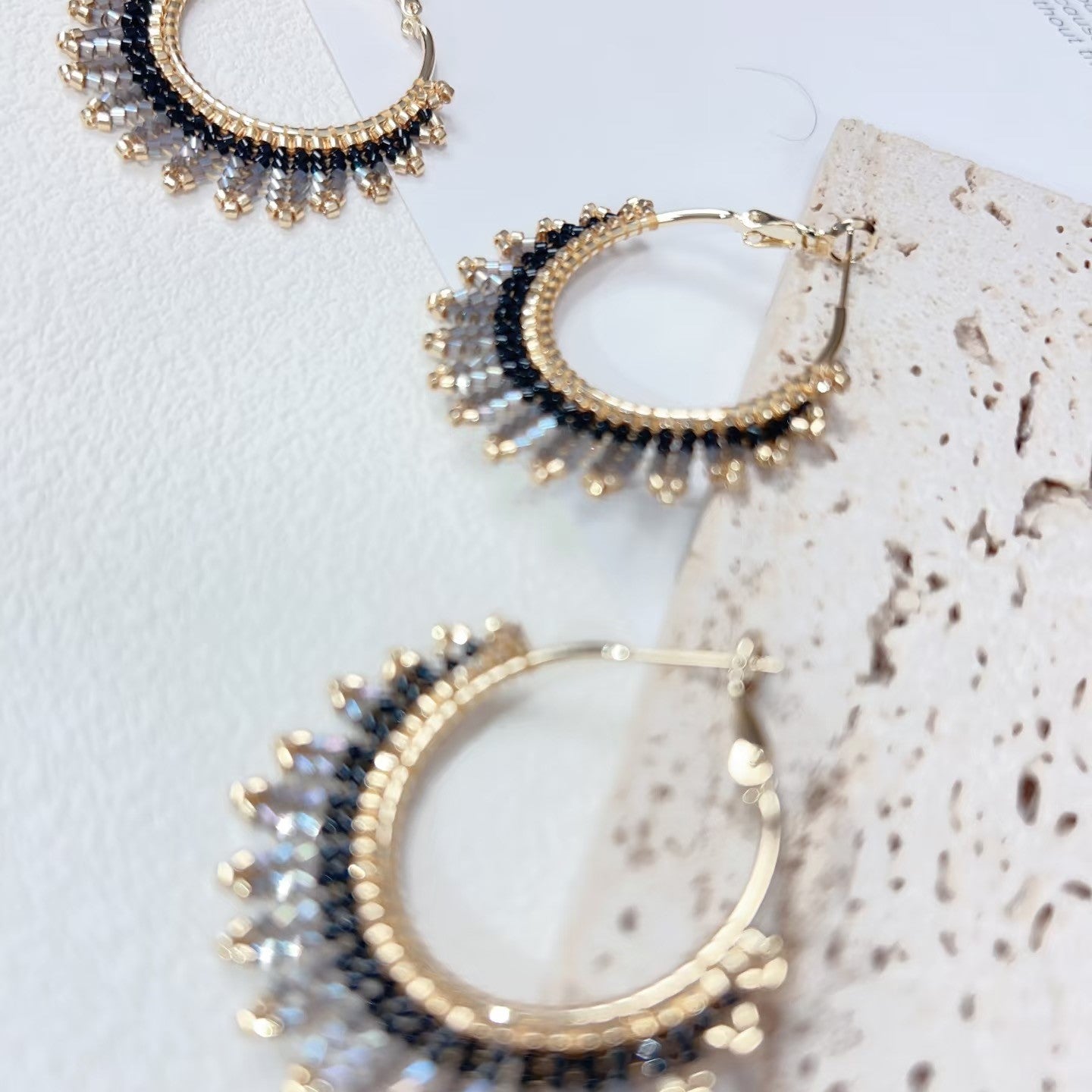 Handmade Beaded Hoop Earrings – Gold & Crystal Fringe Huggie Earrings