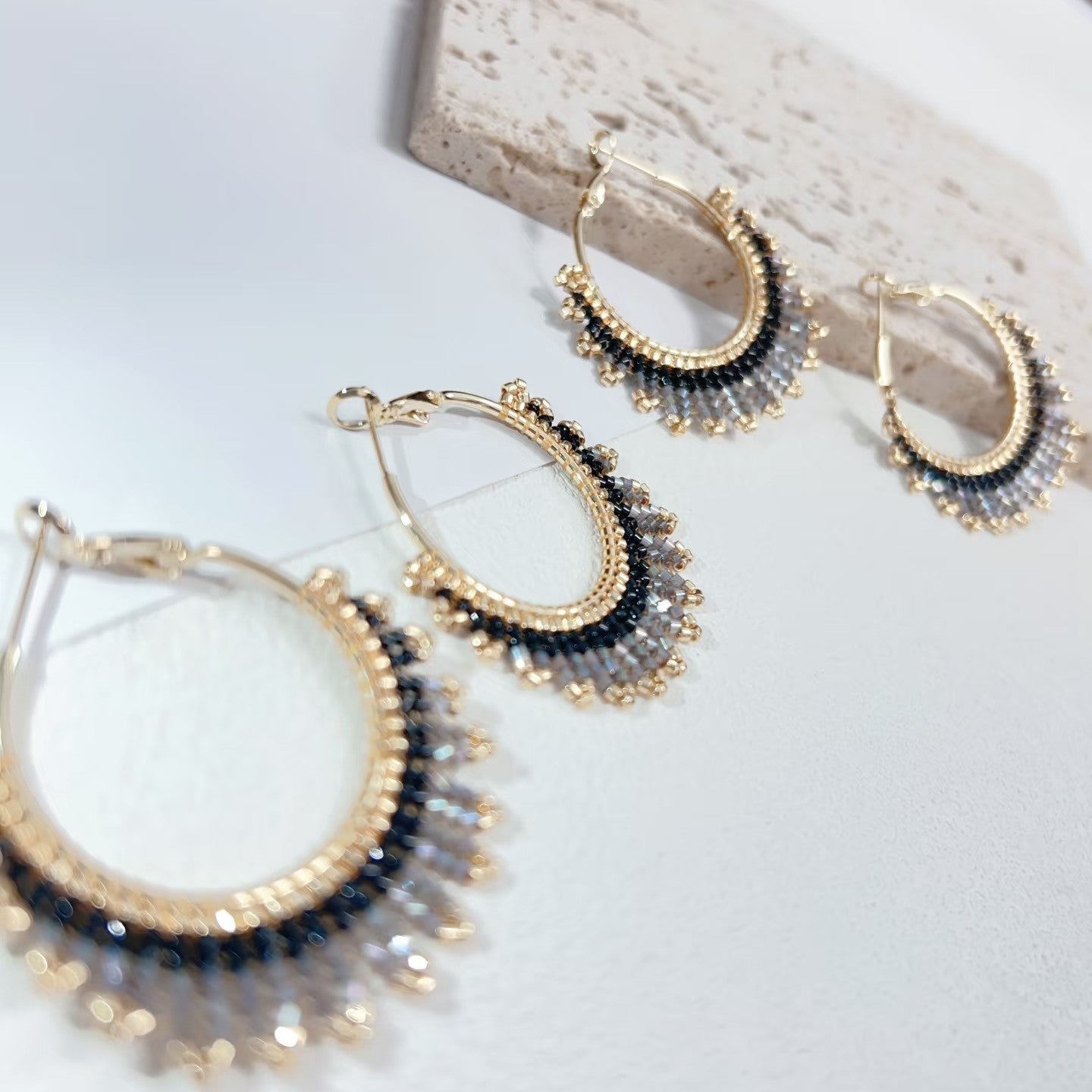 Handmade Beaded Hoop Earrings – Gold & Crystal Fringe Huggie Earrings