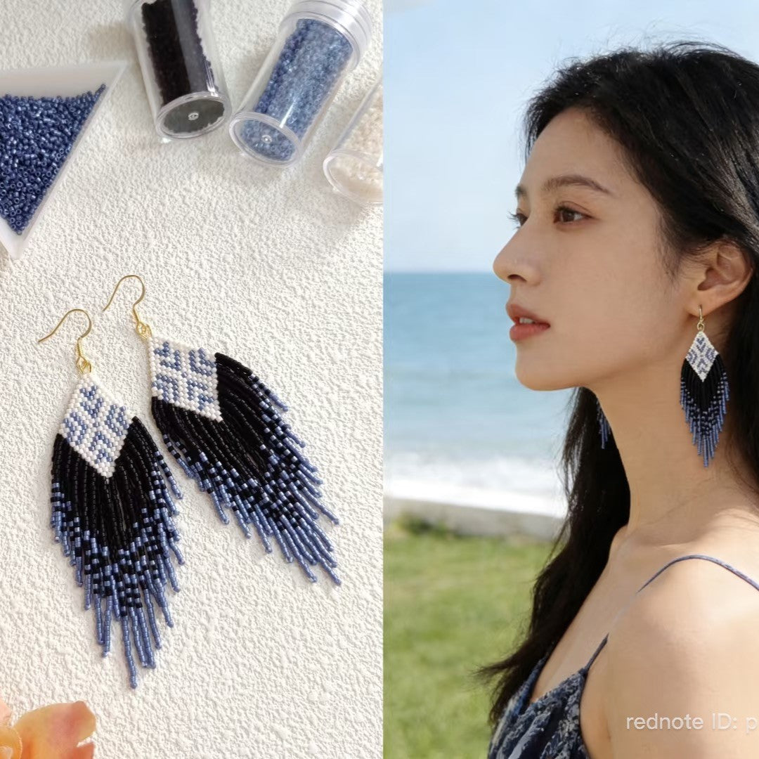 Handmade Beaded Fringe Earrings – Blue Geometric Boho Tassel Earrings
