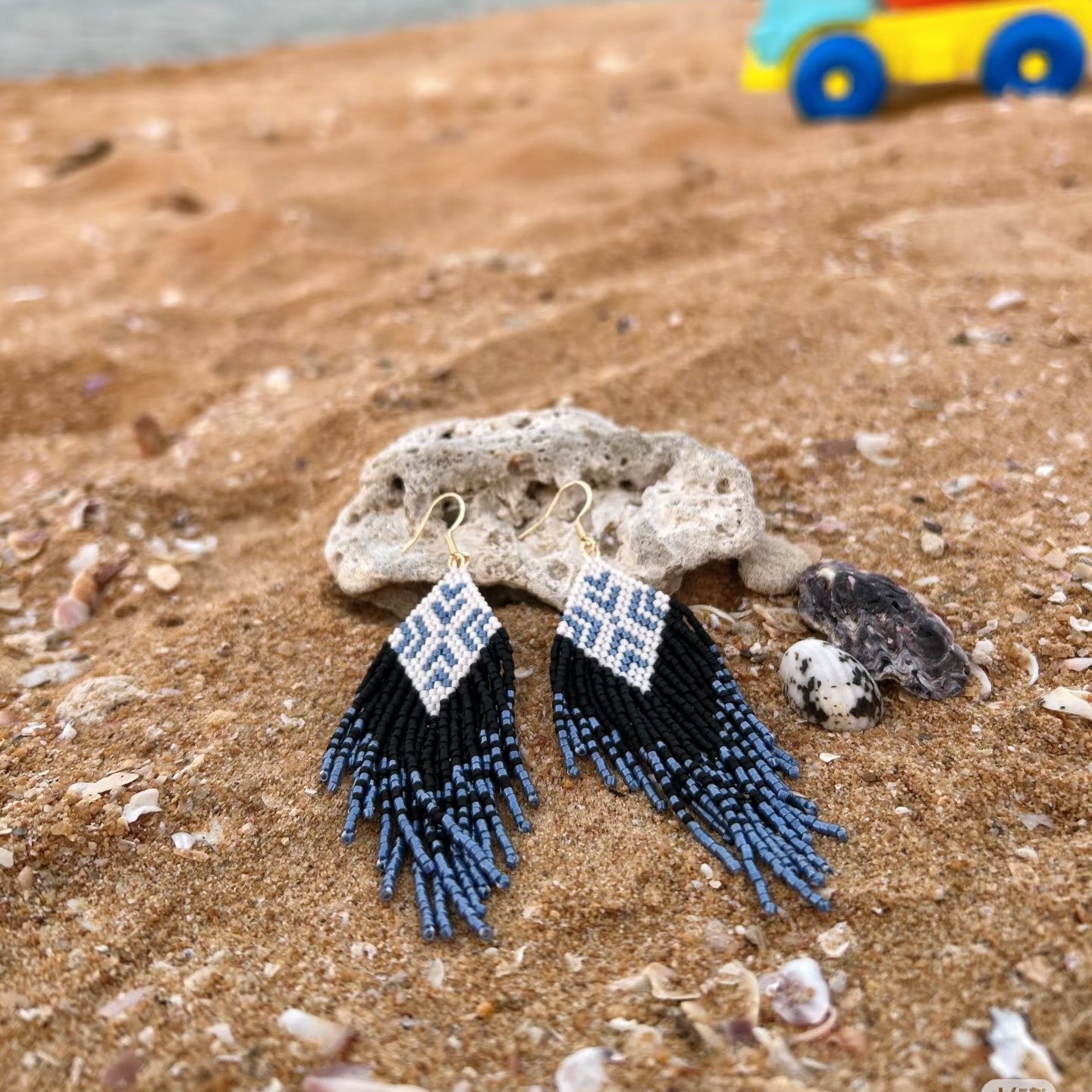 Handmade Beaded Fringe Earrings – Blue Geometric Boho Tassel Earrings