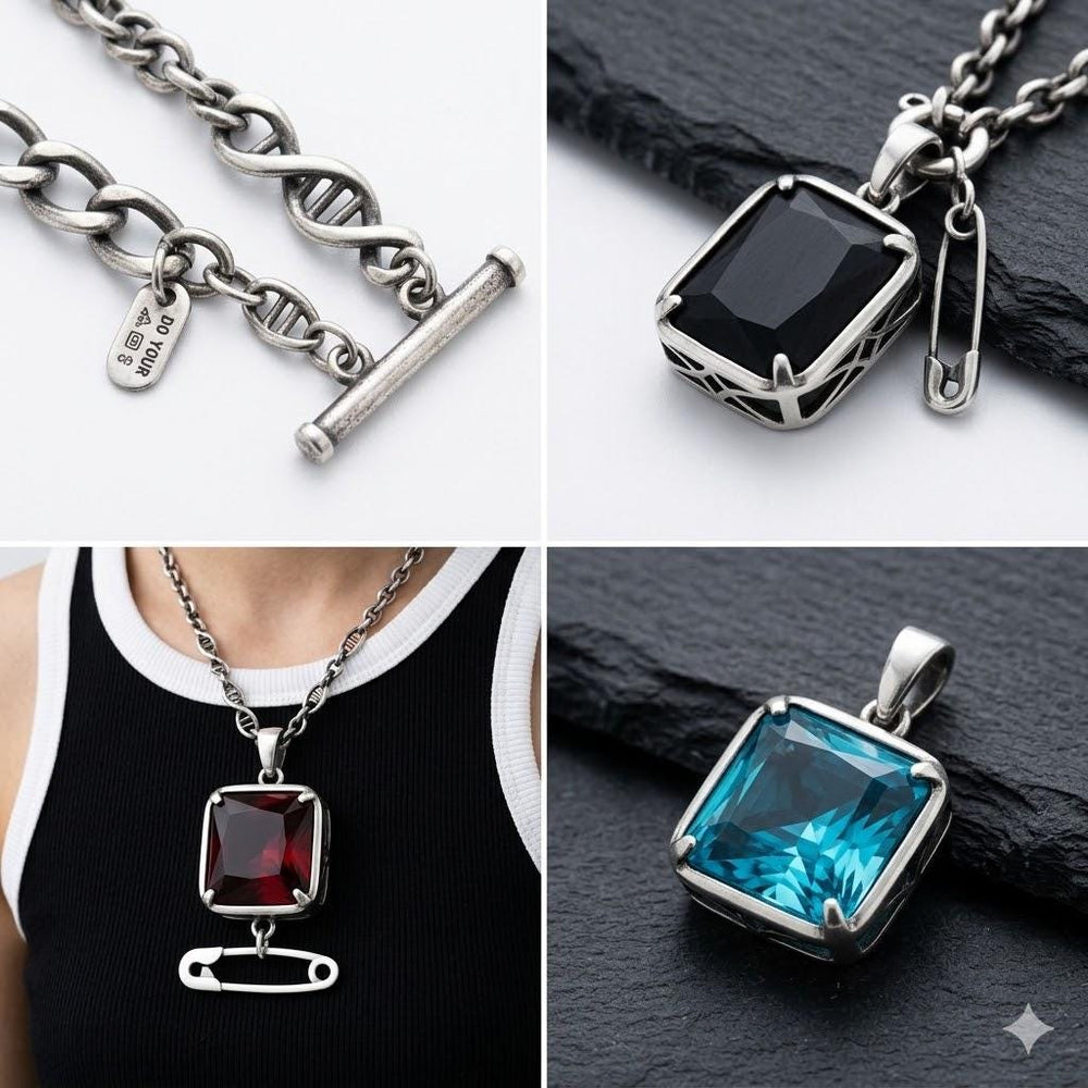 Cyberpunk Grunge Choker Necklace-Y2K Alt Necklace-Asymmetrical Chain Necklace-Square CubicZirconia Pendant