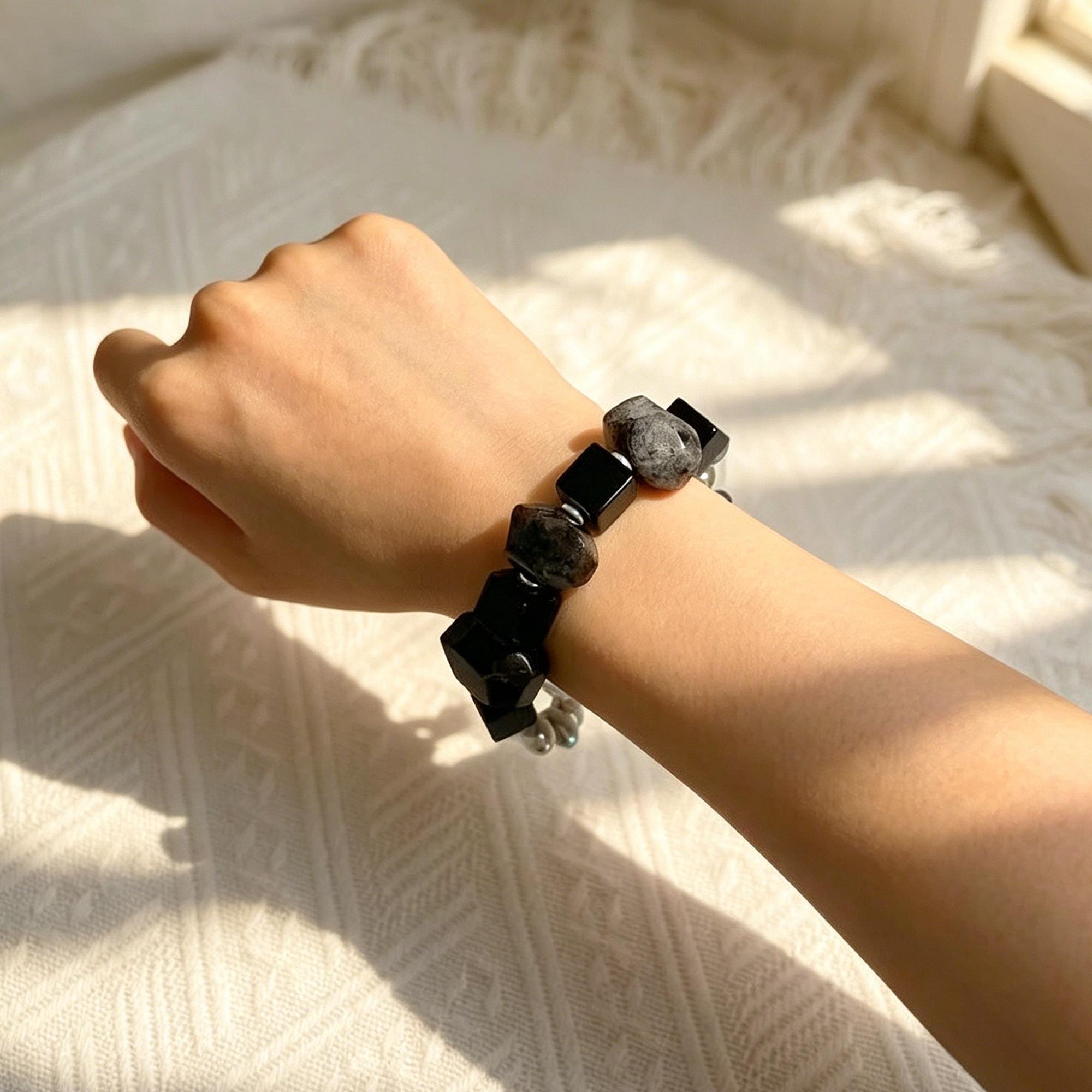 Grey Pearl & Black Gemstone Bracelet, Tourmalinated Quartz Beaded Bracelet, Natural Stone Statement Jewelry, Modern Gift for Her