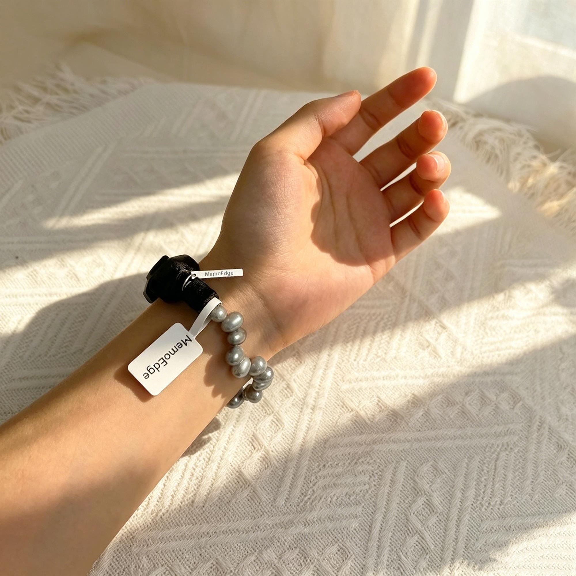 Grey Pearl & Black Gemstone Bracelet, Tourmalinated Quartz Beaded Bracelet, Natural Stone Statement Jewelry, Modern Gift for Her