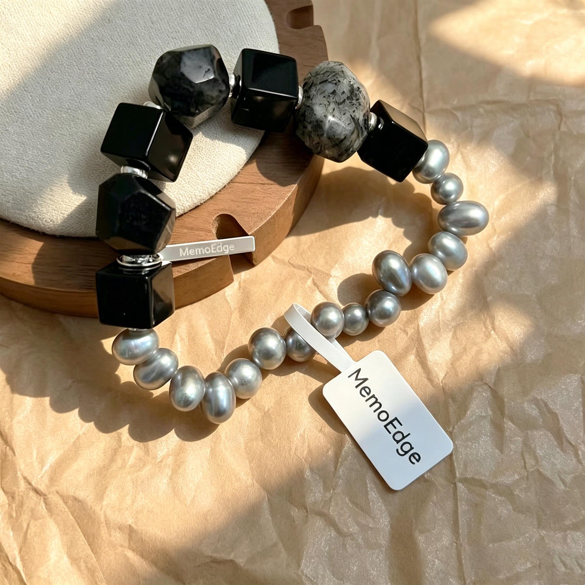Grey Pearl & Black Gemstone Bracelet, Tourmalinated Quartz Beaded Bracelet, Natural Stone Statement Jewelry, Modern Gift for Her