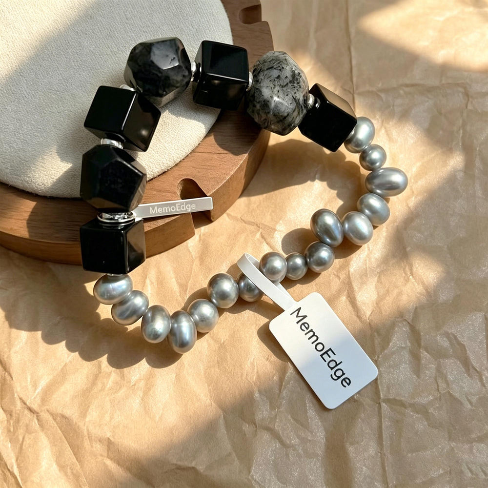 Grey Pearl & Black Gemstone Bracelet, Tourmalinated Quartz Beaded Bracelet, Natural Stone Statement Jewelry, Modern Gift for Her