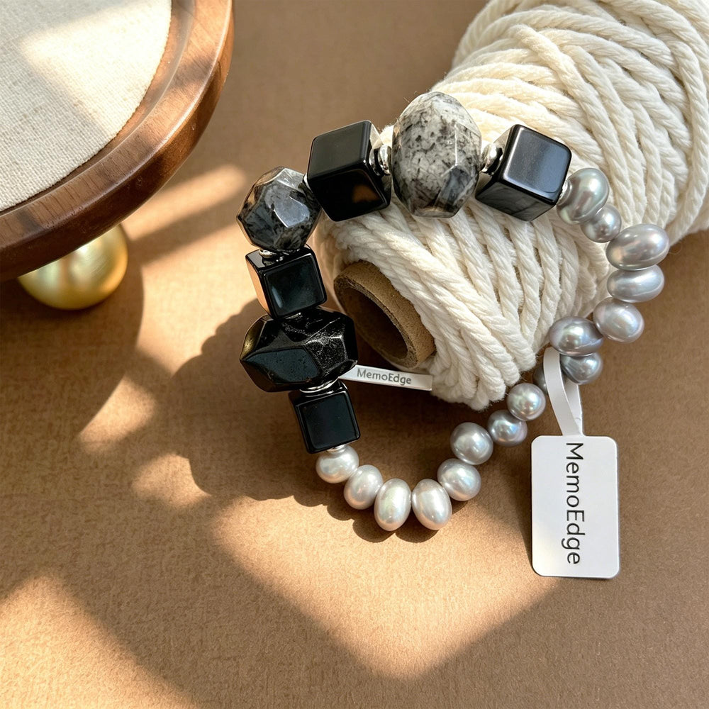 Grey Pearl & Black Gemstone Bracelet, Tourmalinated Quartz Beaded Bracelet, Natural Stone Statement Jewelry, Modern Gift for Her
