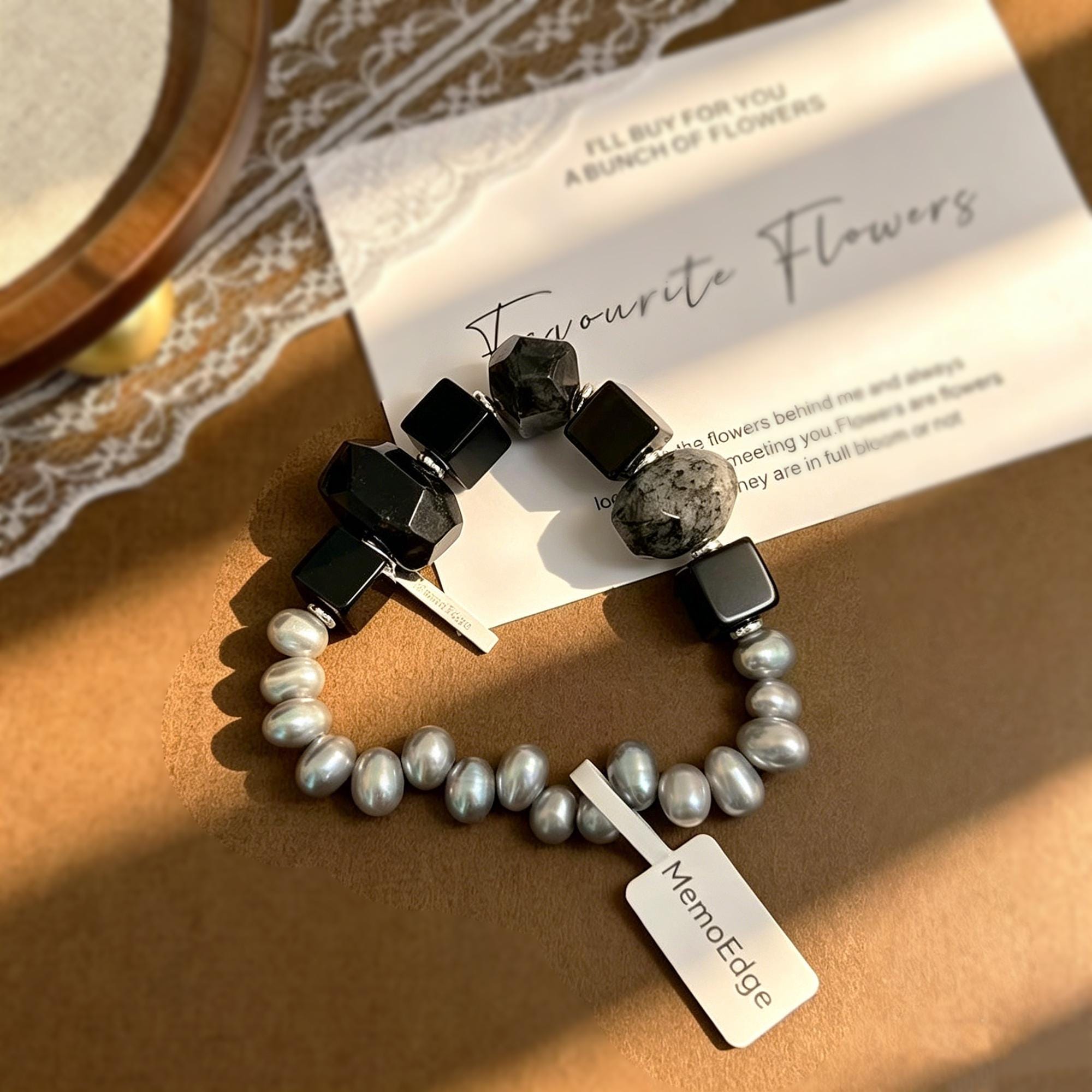 Grey Pearl & Black Gemstone Bracelet, Tourmalinated Quartz Beaded Bracelet, Natural Stone Statement Jewelry, Modern Gift for Her