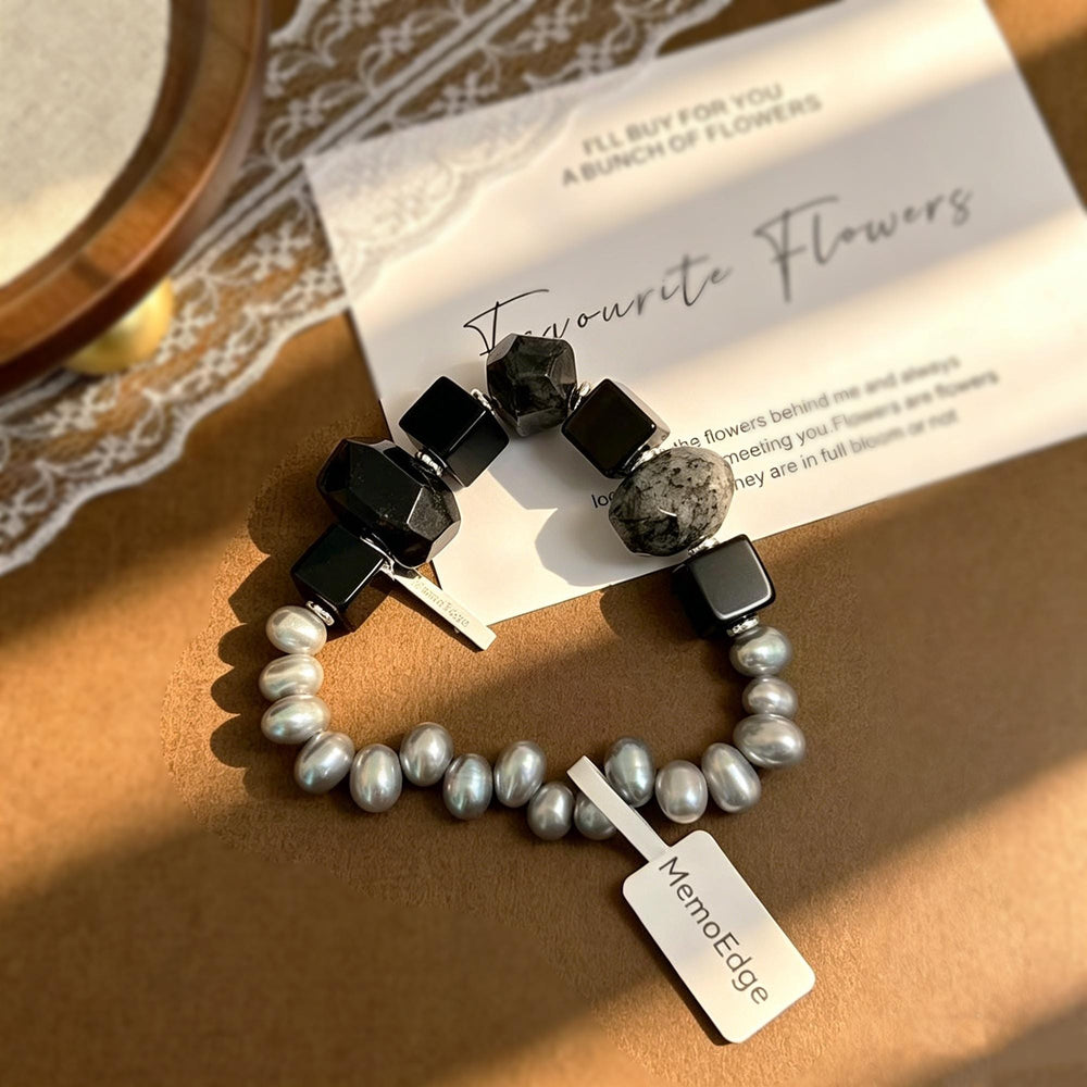 Grey Pearl & Black Gemstone Bracelet, Tourmalinated Quartz Beaded Bracelet, Natural Stone Statement Jewelry, Modern Gift for Her