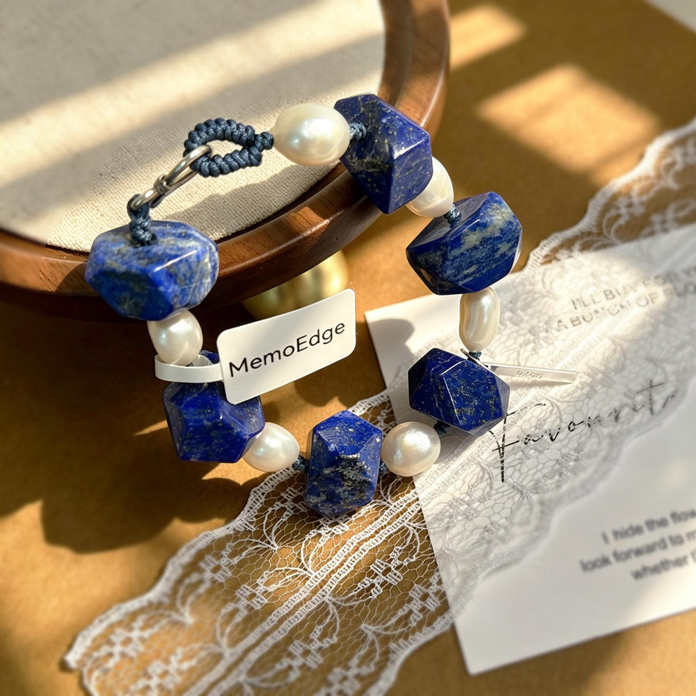 Blue Gemstone Pearl Bracelet, Lapis Tone Beaded Bracelet, Freshwater Pearl Natural Stone Jewelry, Modern Gift for Her