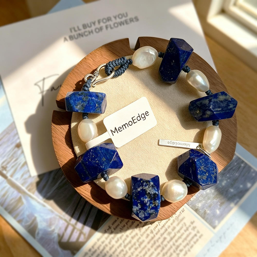 Blue Gemstone Pearl Bracelet, Lapis Tone Beaded Bracelet, Freshwater Pearl Natural Stone Jewelry, Modern Gift for Her
