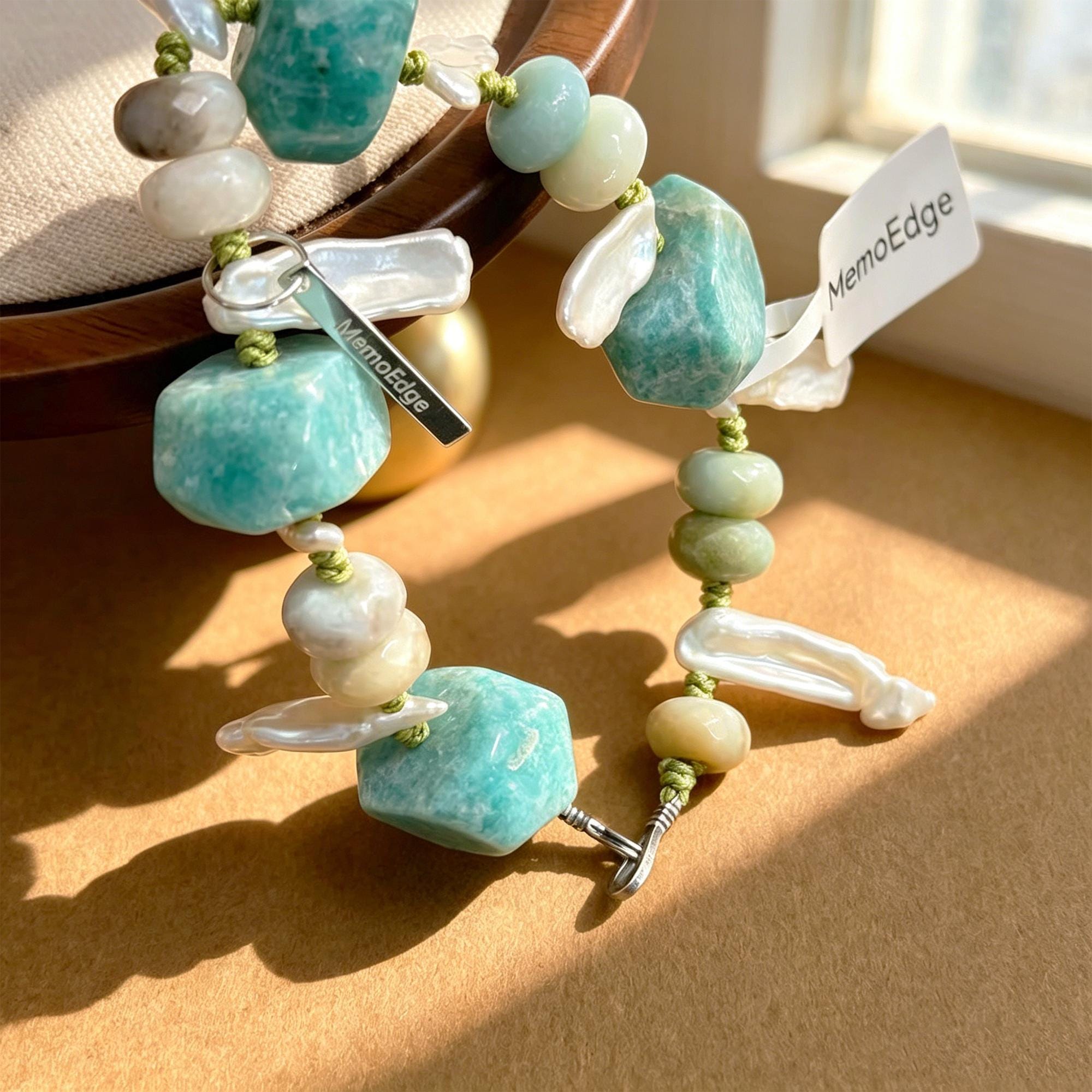 Amazonite Raw Gemstone Bracelet-Hand Knotted Wilderness Jewelry-Mint Green Earth Stone Beaded Cuff-Natural Organic Organic Pebble Gift