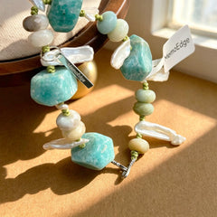 Amazonite Raw Gemstone Bracelet-Hand Knotted Wilderness Jewelry-Mint Green Earth Stone Beaded Cuff-Natural Organic Organic Pebble Gift