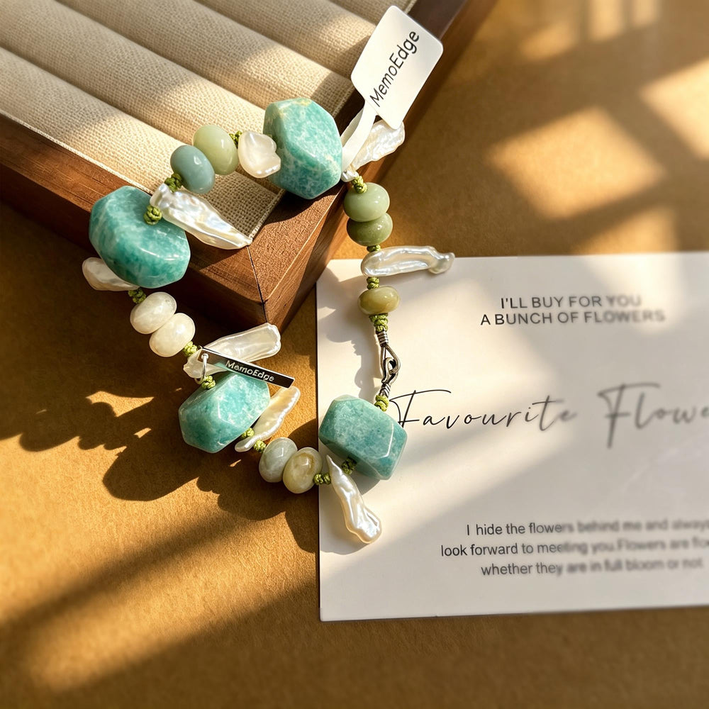 Amazonite Raw Gemstone Bracelet-Hand Knotted Wilderness Jewelry-Mint Green Earth Stone Beaded Cuff-Natural Organic Organic Pebble Gift