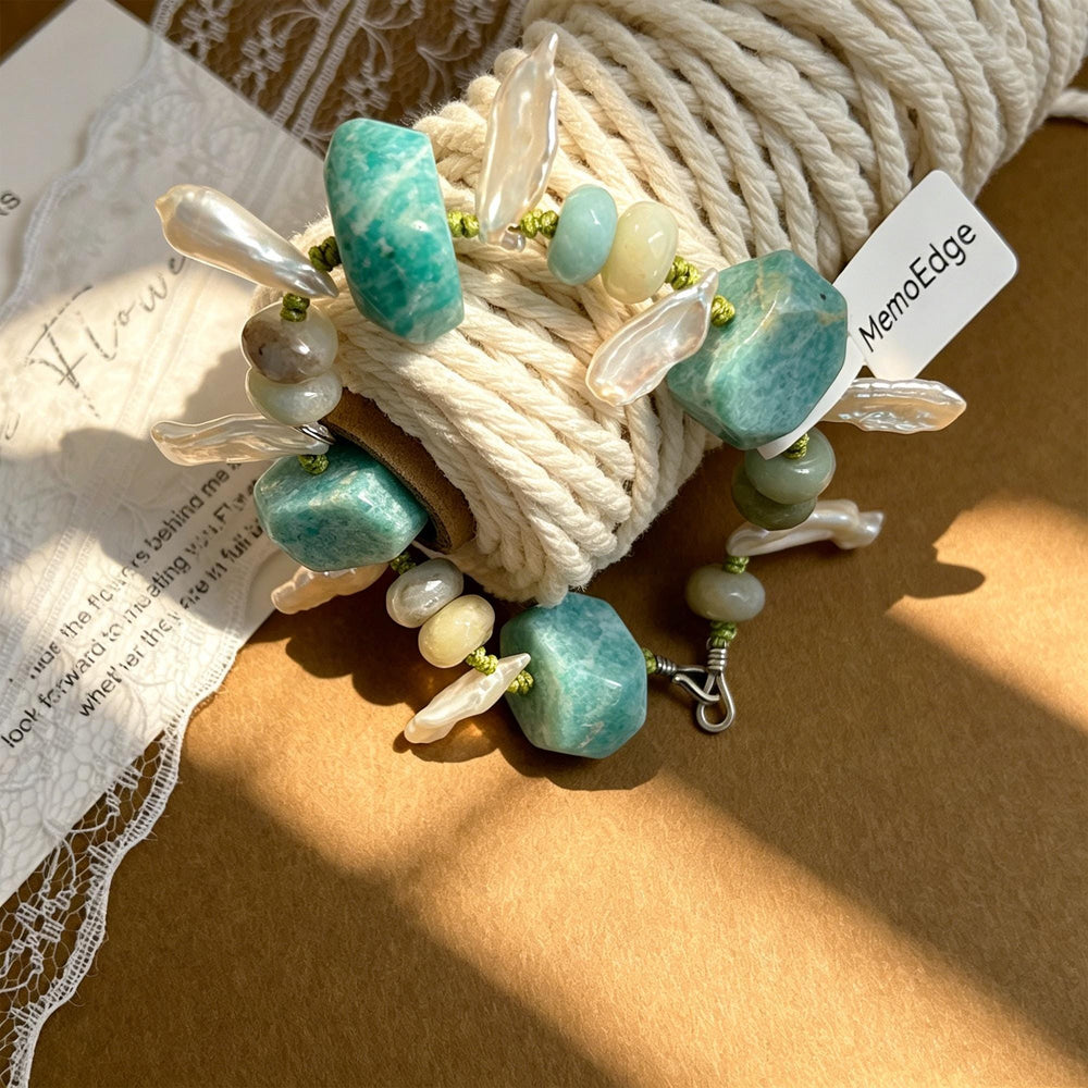 Amazonite Raw Gemstone Bracelet-Hand Knotted Wilderness Jewelry-Mint Green Earth Stone Beaded Cuff-Natural Organic Organic Pebble Gift