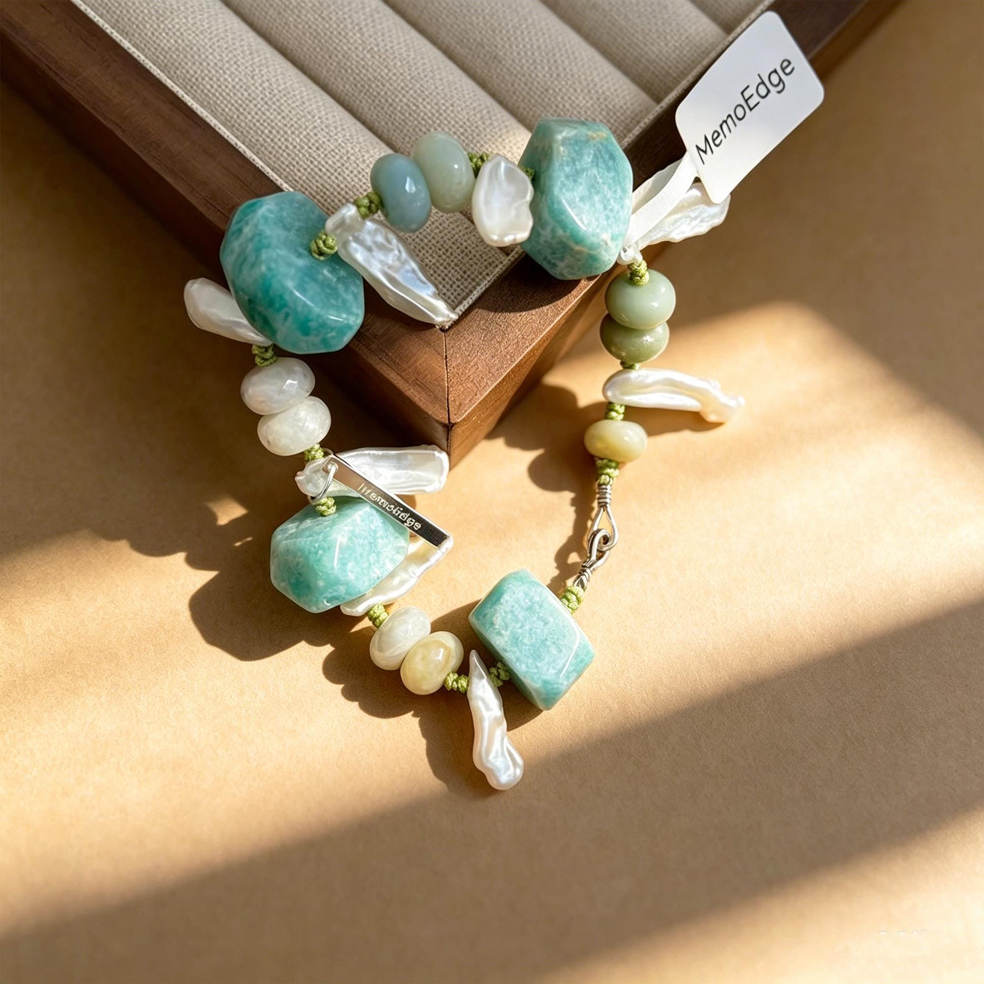 Amazonite Raw Gemstone Bracelet-Hand Knotted Wilderness Jewelry-Mint Green Earth Stone Beaded Cuff-Natural Organic Organic Pebble Gift