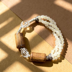 Triple Strand Earthy Wood Bracelet-Faceted Clear Geometric Beads-Zen Mindfulness Jewelry-Layered Cream Beaded Stretch Cuff Gift