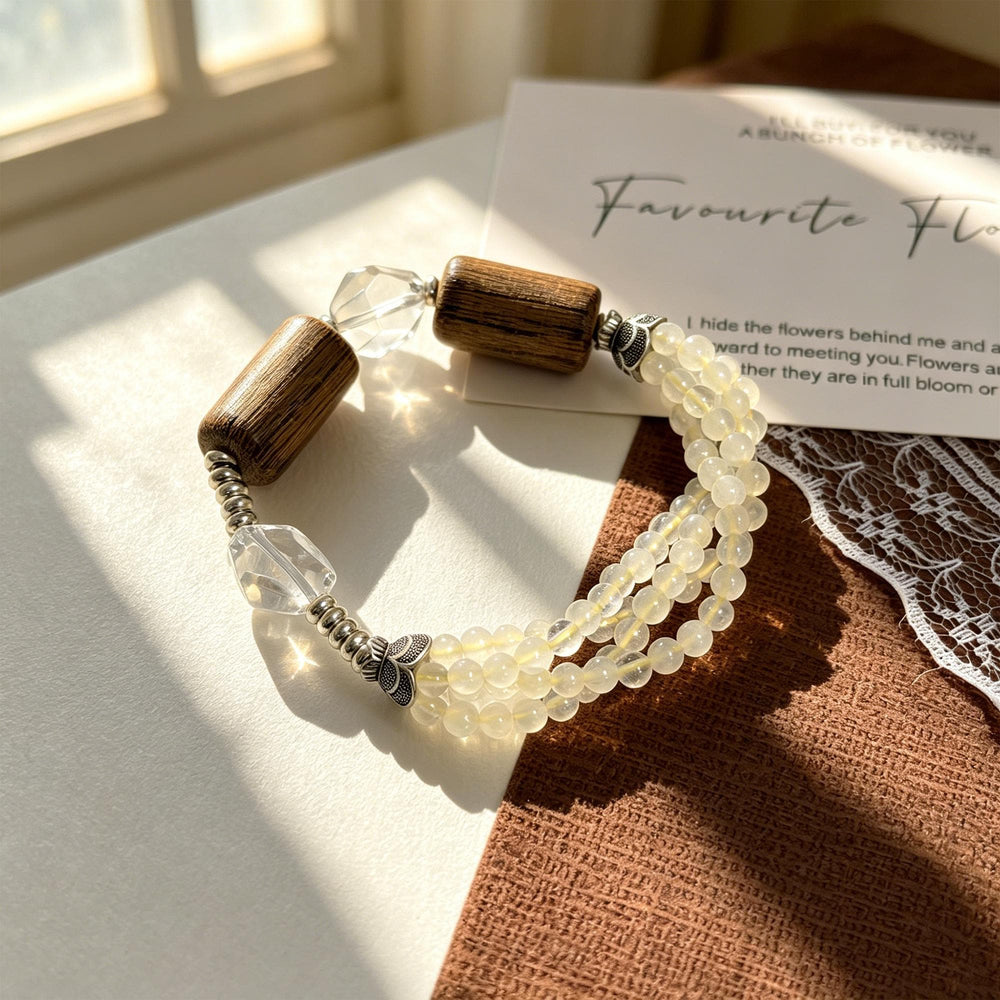 Triple Strand Earthy Wood Bracelet-Faceted Clear Geometric Beads-Zen Mindfulness Jewelry-Layered Cream Beaded Stretch Cuff Gift