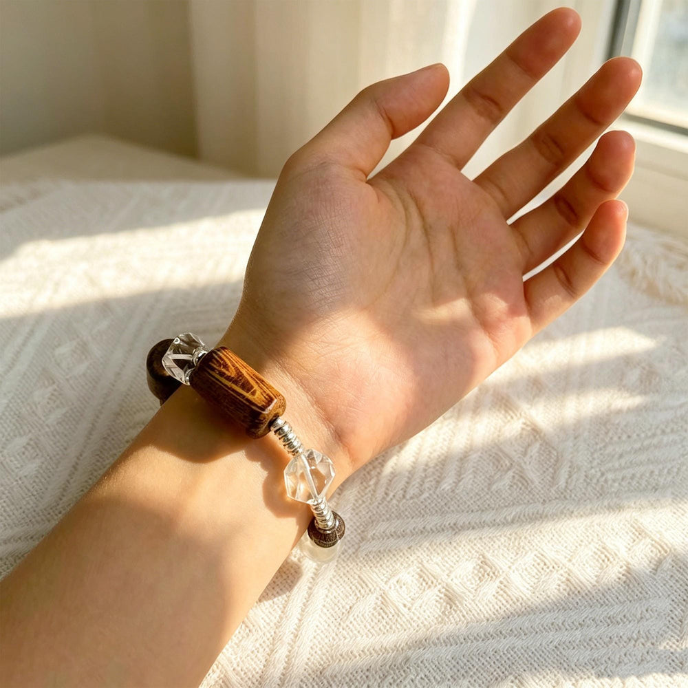 Triple Strand Earthy Wood Bracelet-Faceted Clear Geometric Beads-Zen Mindfulness Jewelry-Layered Cream Beaded Stretch Cuff Gift