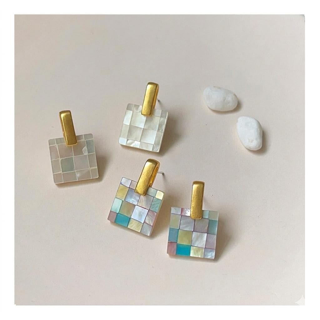 Handmade Mother of Pearl Checkerboard Earrings-Iridescent Geometric Jewelry