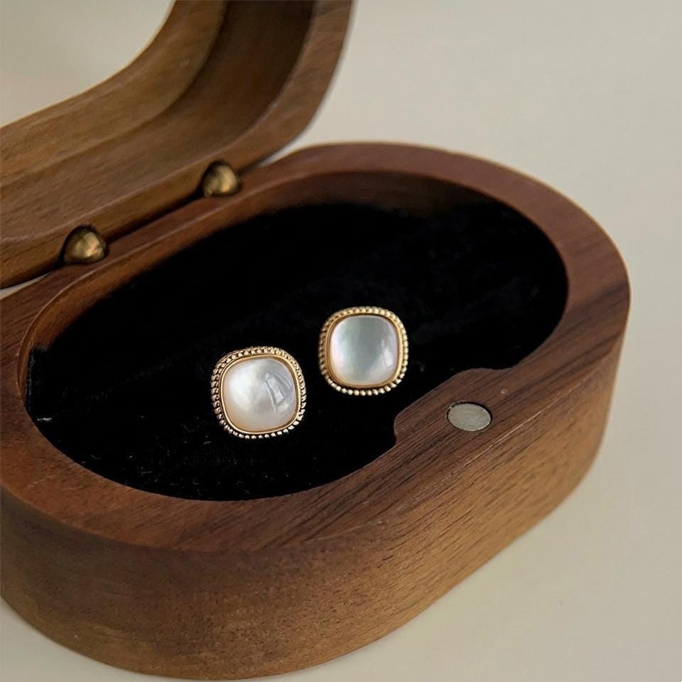 Mother of Pearl Stud Earrings-Geometric Shell Design with Gold Trim-Minimalist Everyday Jewelry