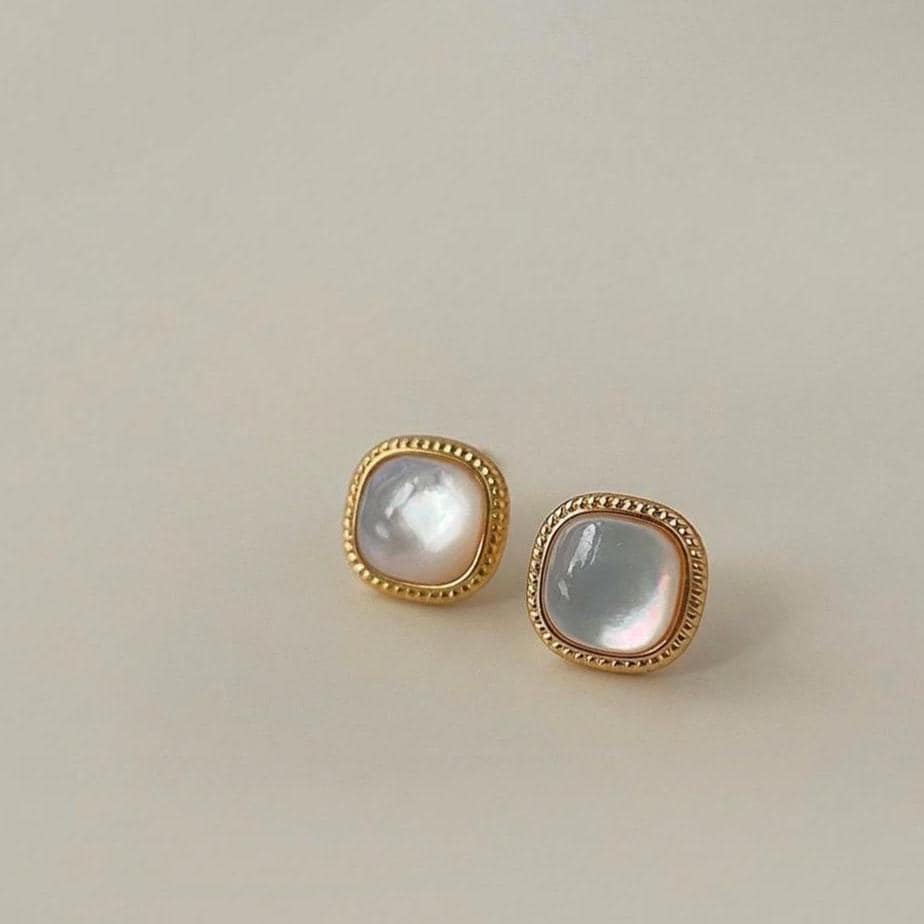 Mother of Pearl Stud Earrings-Geometric Shell Design with Gold Trim-Minimalist Everyday Jewelry