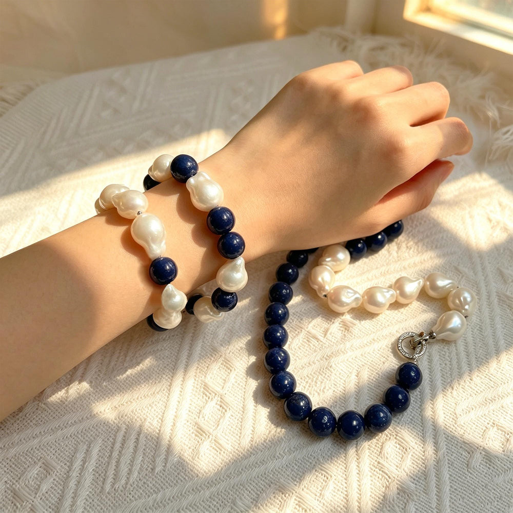 Natural Lapis Lazuli Baroque Pearl Necklace Bracelet Set- Genuine Blue Gemstone Choker-Mothers Day Gifts